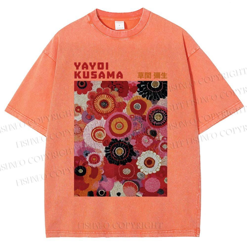 Unisex Yayoi Kusama Red Flowers Printed Washed Tee