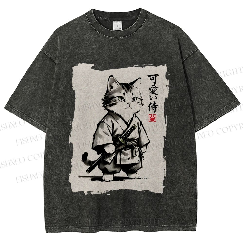 Unisex Cute Samurai Cat Printed Washed Tee