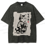 Unisex Cute Samurai Cat Printed Washed Tee