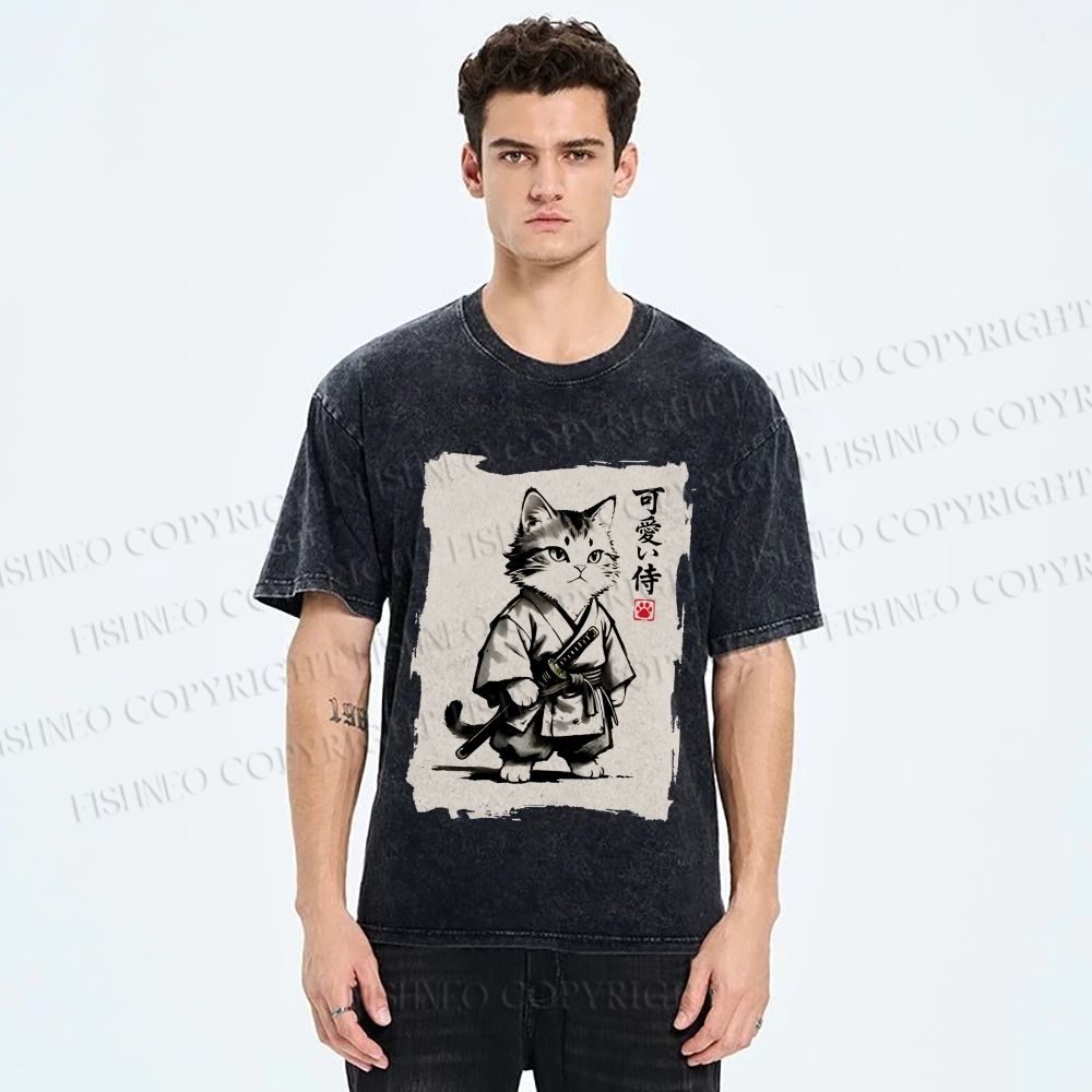 Unisex Cute Samurai Cat Printed Washed Tee