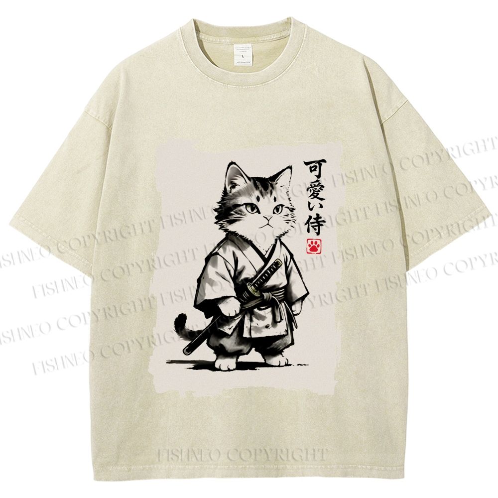 Unisex Cute Samurai Cat Printed Washed Tee