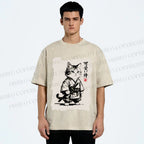 Unisex Cute Samurai Cat Printed Washed Tee
