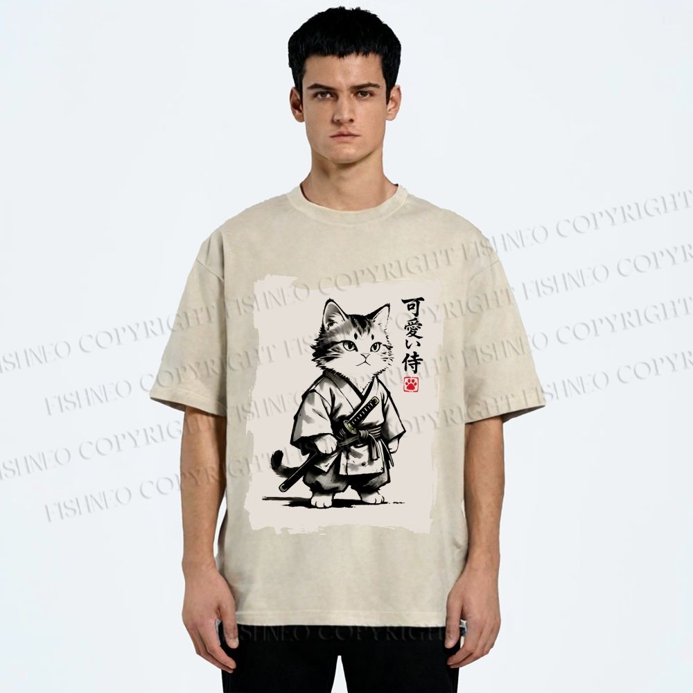 Unisex Cute Samurai Cat Printed Washed Tee