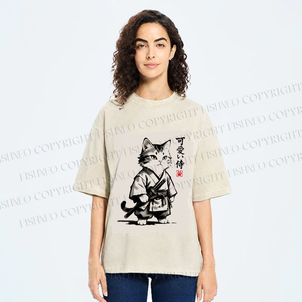 Unisex Cute Samurai Cat Printed Washed Tee