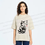 Unisex Cute Samurai Cat Printed Washed Tee