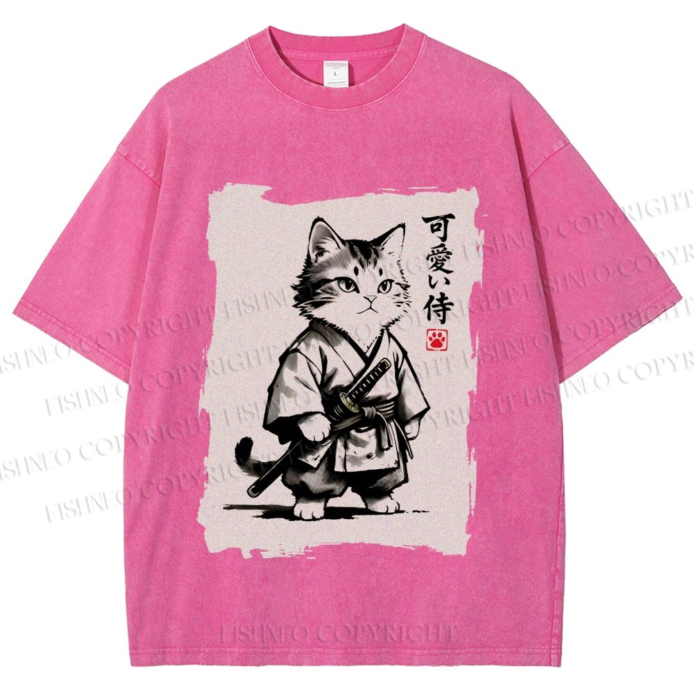 Unisex Cute Samurai Cat Printed Washed Tee