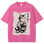 Unisex Cute Samurai Cat Printed Washed Tee
