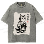 Unisex Cute Samurai Cat Printed Washed Tee