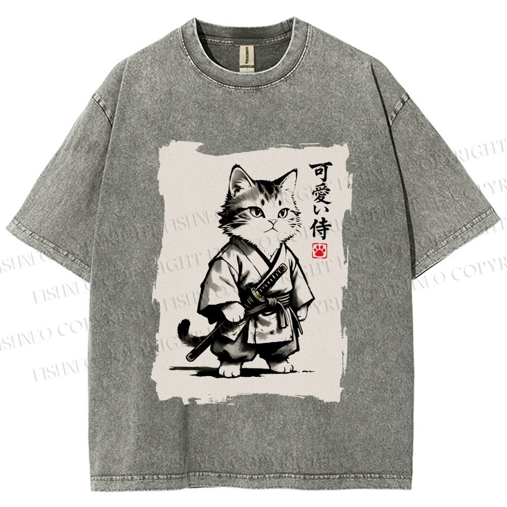 Unisex Cute Samurai Cat Printed Washed Tee