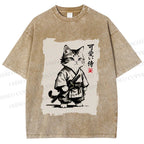Unisex Cute Samurai Cat Printed Washed Tee