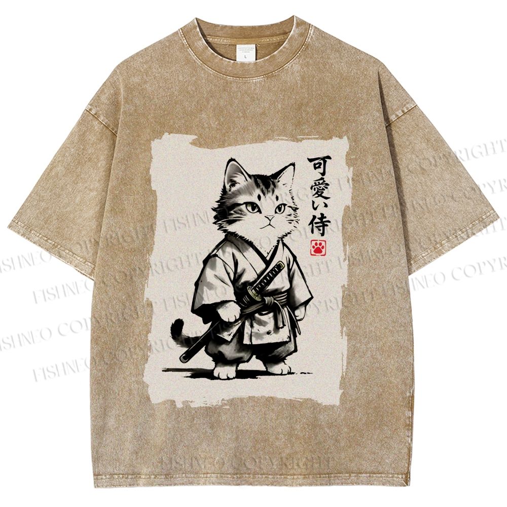 Unisex Cute Samurai Cat Printed Washed Tee