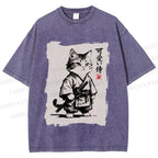 Unisex Cute Samurai Cat Printed Washed Tee