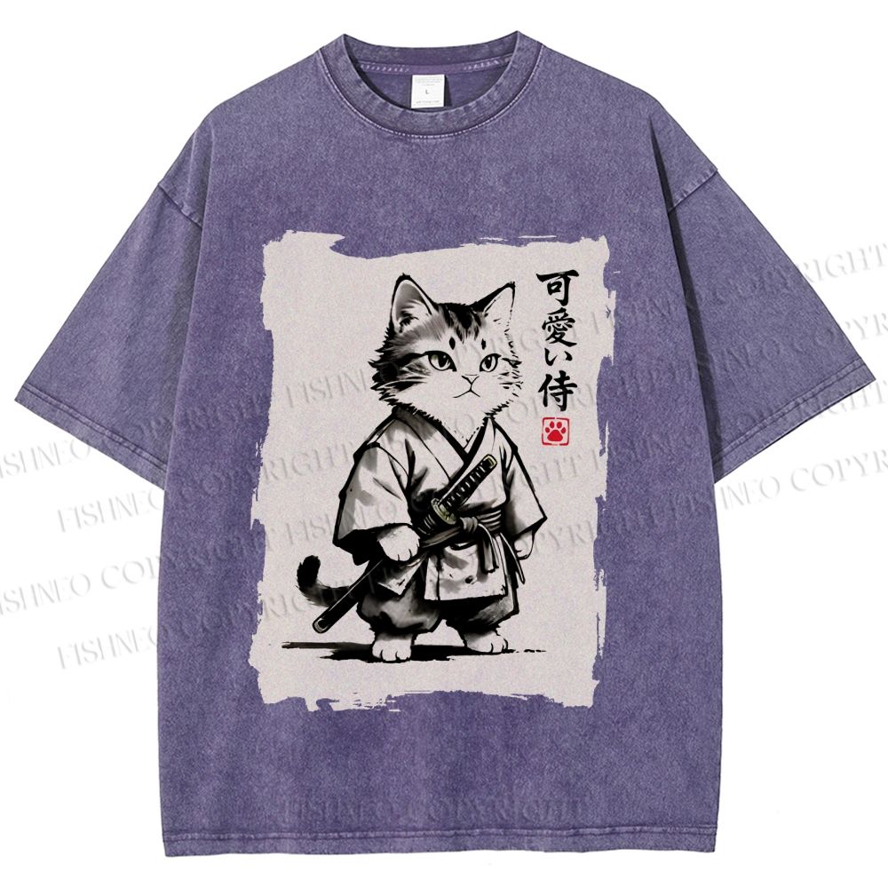 Unisex Cute Samurai Cat Printed Washed Tee