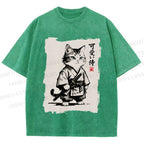 Unisex Cute Samurai Cat Printed Washed Tee