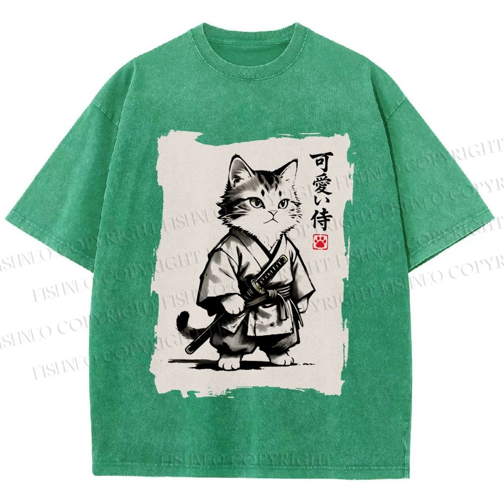 Unisex Cute Samurai Cat Printed Washed Tee