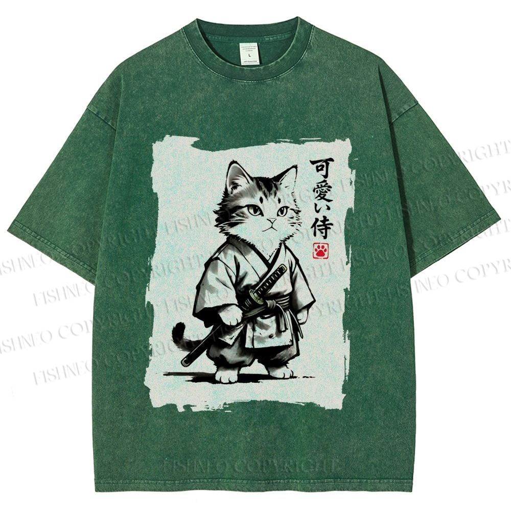 Unisex Cute Samurai Cat Printed Washed Tee