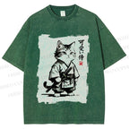 Unisex Cute Samurai Cat Printed Washed Tee