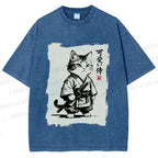 Unisex Cute Samurai Cat Printed Washed Tee