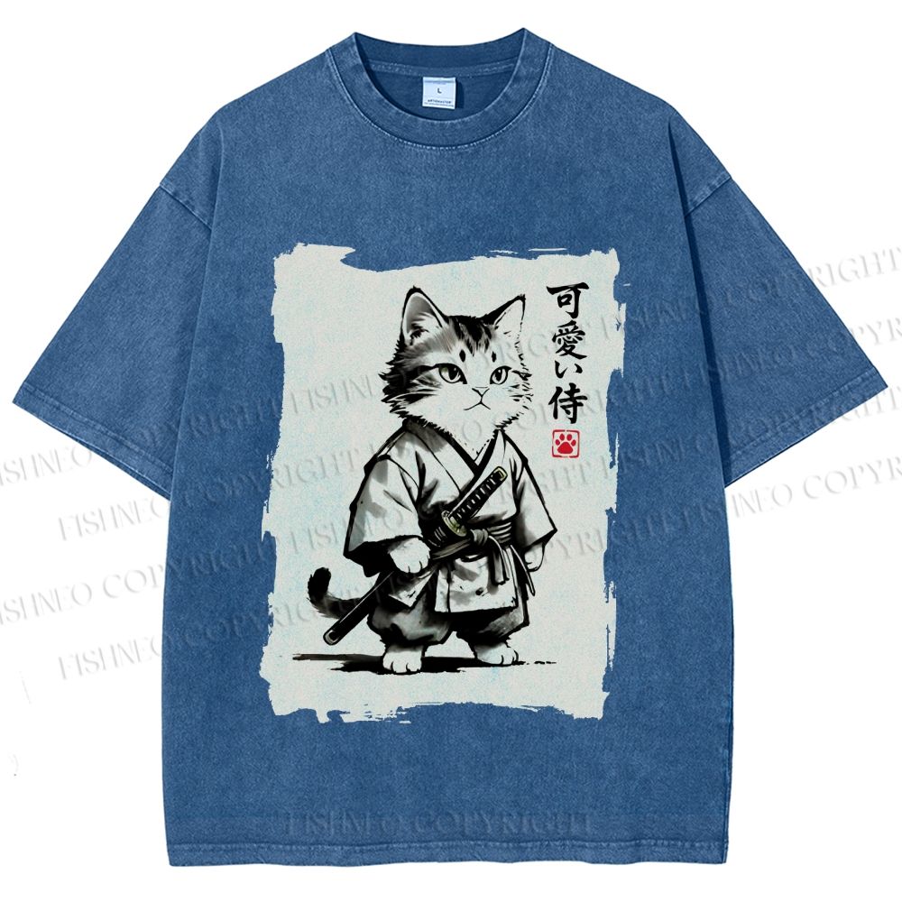 Unisex Cute Samurai Cat Printed Washed Tee