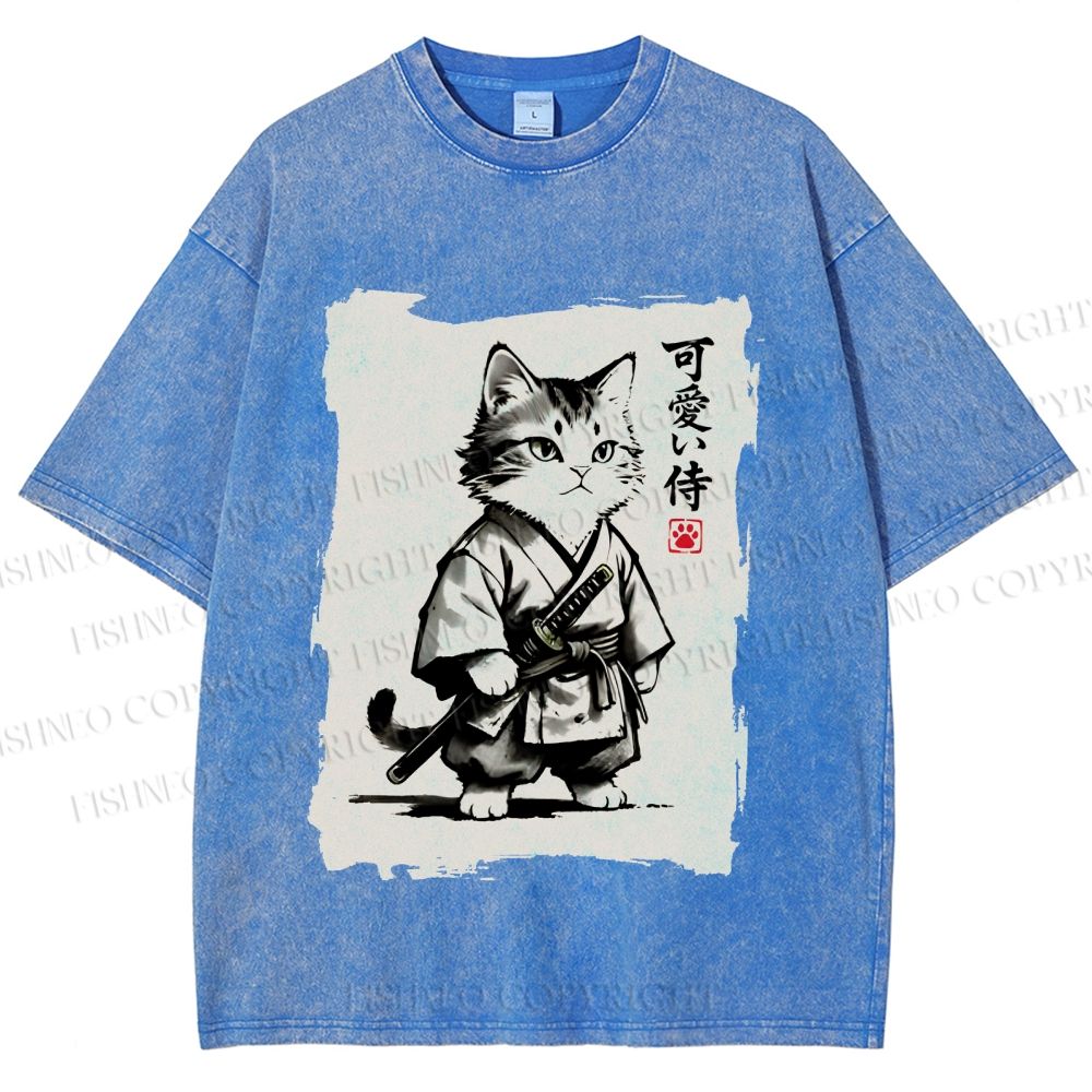 Unisex Cute Samurai Cat Printed Washed Tee