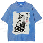 Unisex Cute Samurai Cat Printed Washed Tee