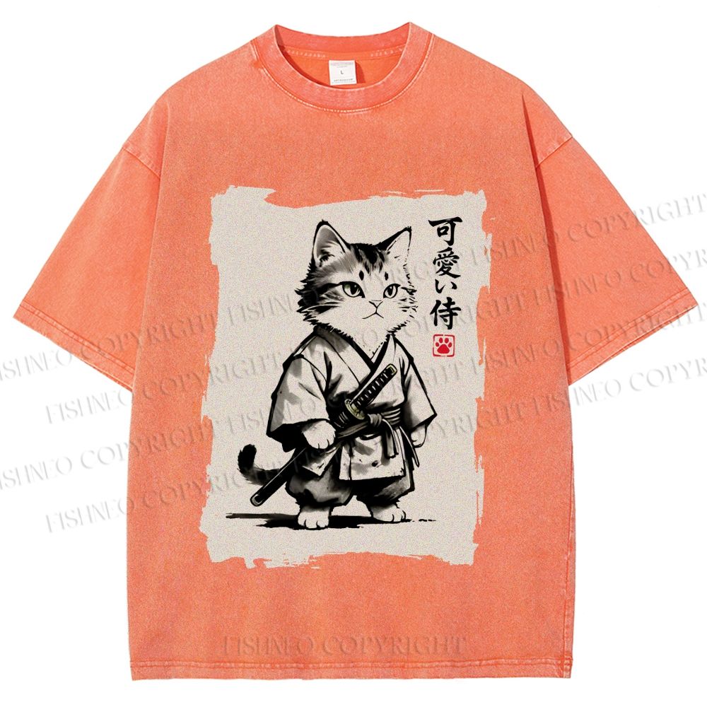 Unisex Cute Samurai Cat Printed Washed Tee