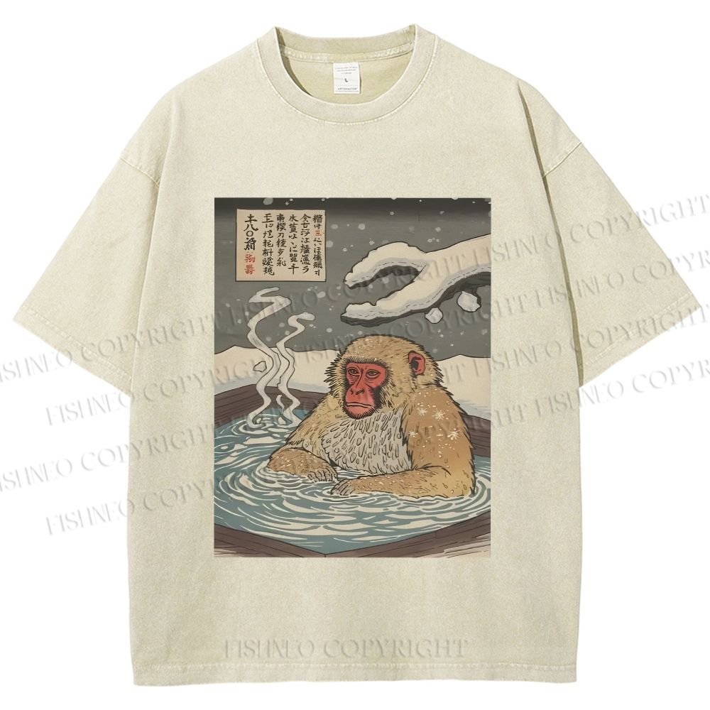 Unisex Snow Monkey Onsen Printed Washed Tee
