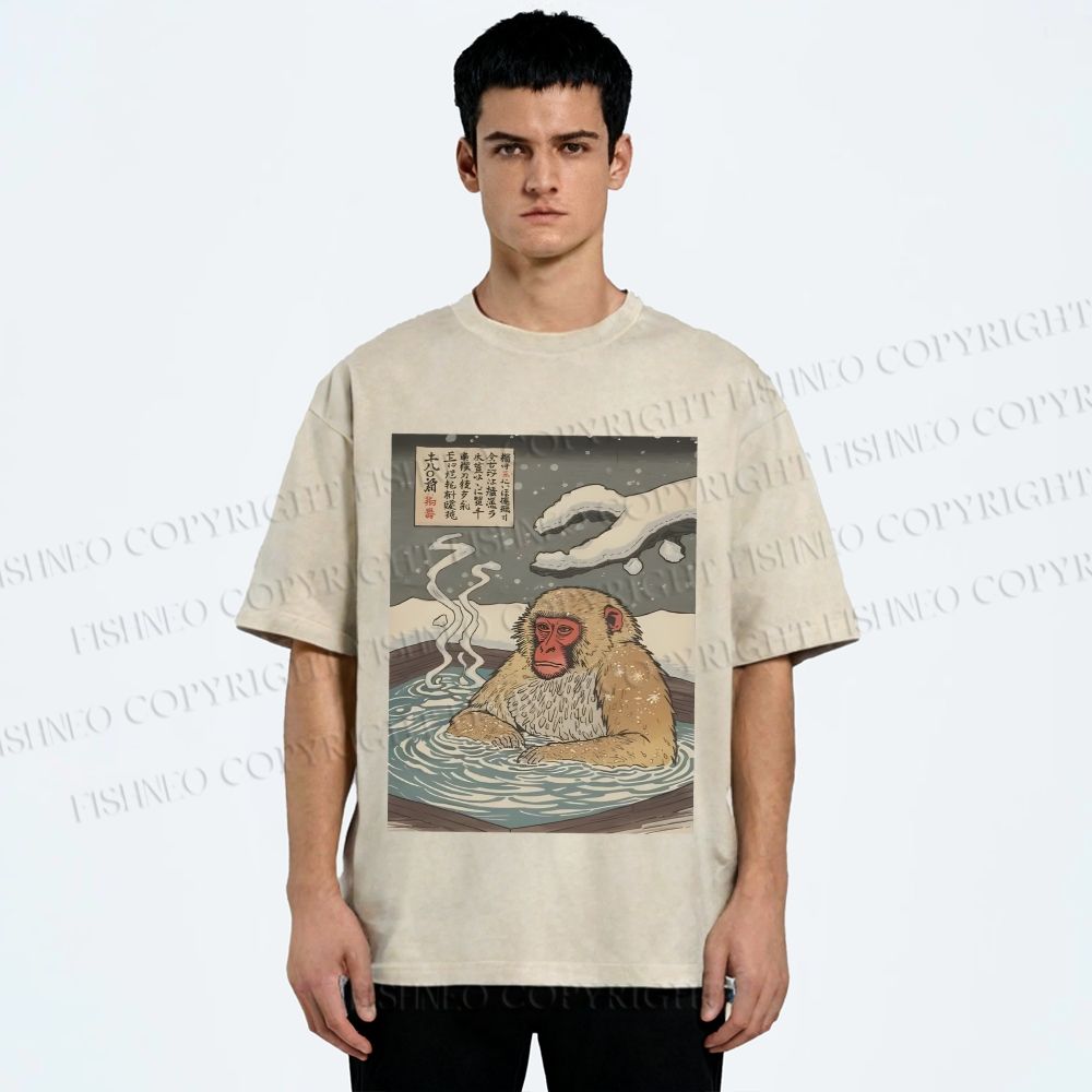 Unisex Snow Monkey Onsen Printed Washed Tee