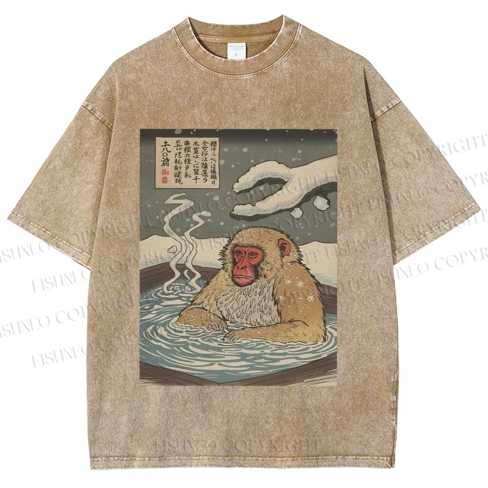 Unisex Snow Monkey Onsen Printed Washed Tee