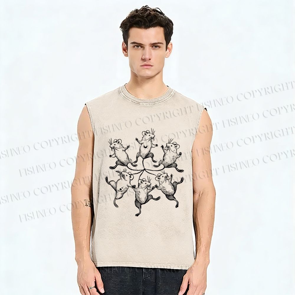 Unisex Circle of Mice Printed Washed Tank Top