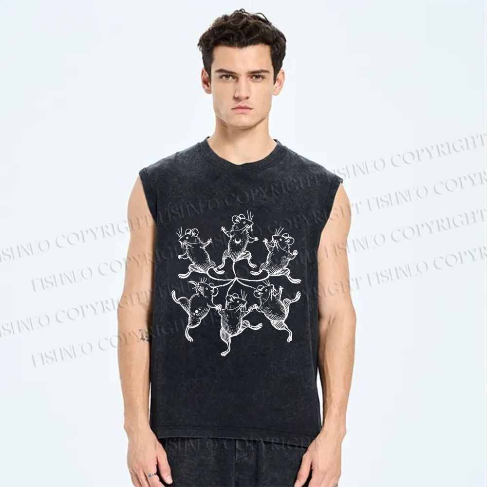 Unisex Circle of Mice Printed Washed Tank Top