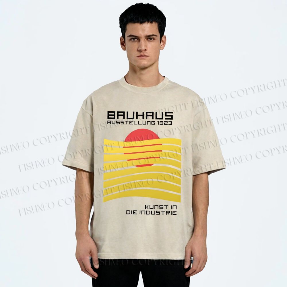 Unisex Bauhaus Geometric Waves Sunrise Printed Washed Tee