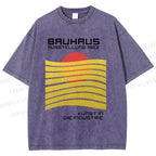 Unisex Bauhaus Geometric Waves Sunrise Printed Washed Tee