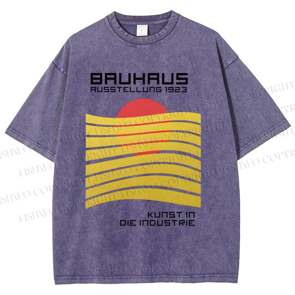 Unisex Bauhaus Geometric Waves Sunrise Printed Washed Tee
