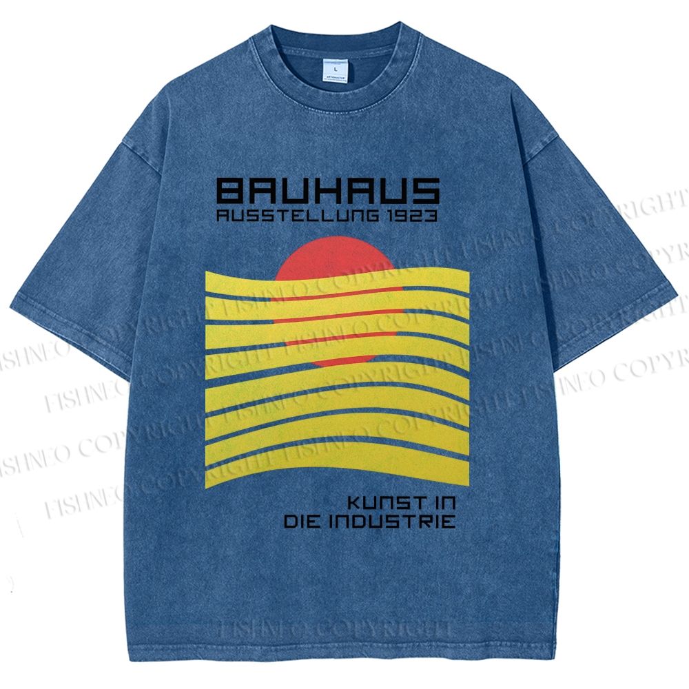 Unisex Bauhaus Geometric Waves Sunrise Printed Washed Tee