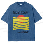 Unisex Bauhaus Geometric Waves Sunrise Printed Washed Tee