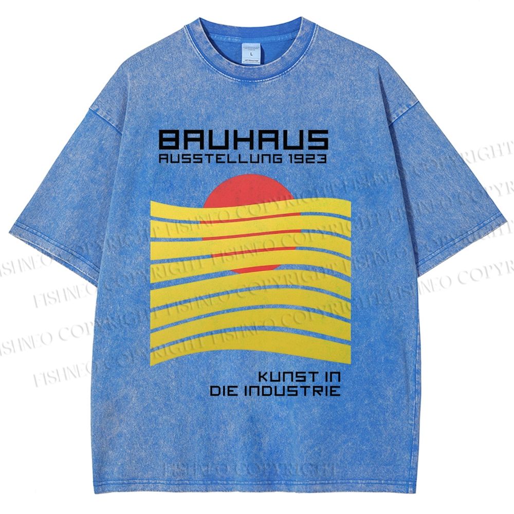Unisex Bauhaus Geometric Waves Sunrise Printed Washed Tee
