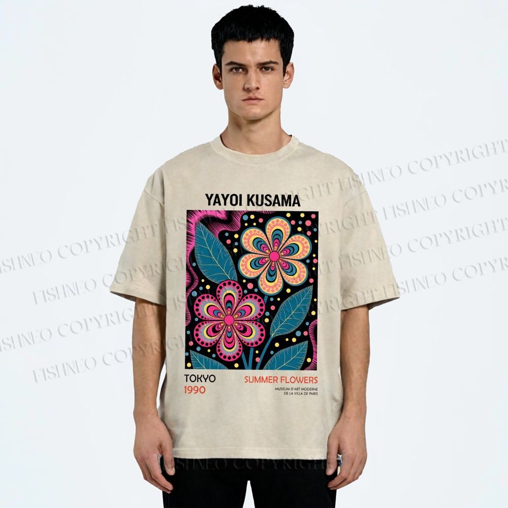 Unisex Yayoi Kusama Vintage Flowers Printed Washed Tee