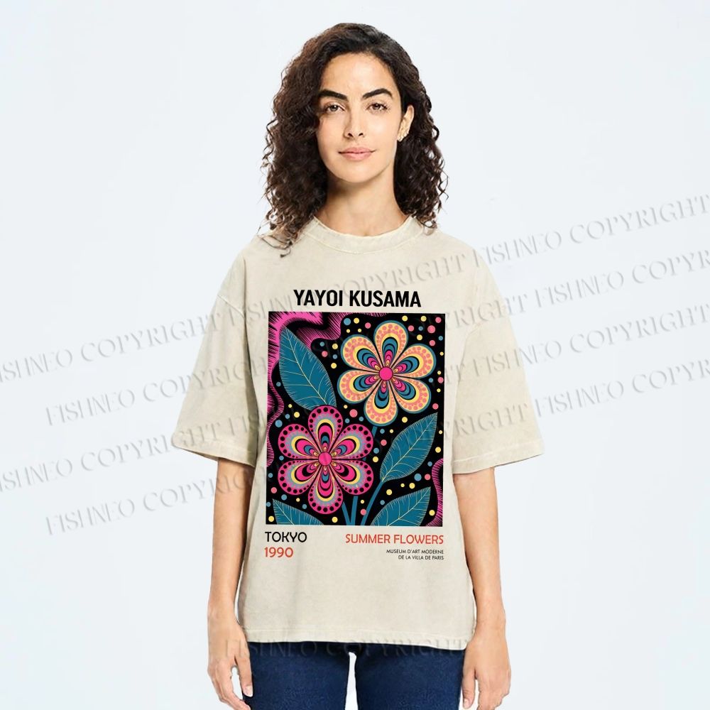 Unisex Yayoi Kusama Vintage Flowers Printed Washed Tee