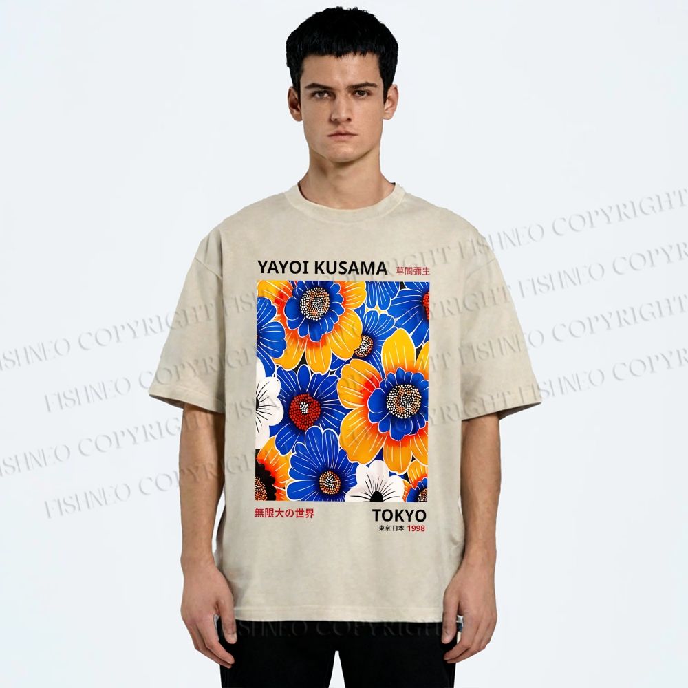 Unisex Yayoi Kusama Flowers Printed Washed Tee