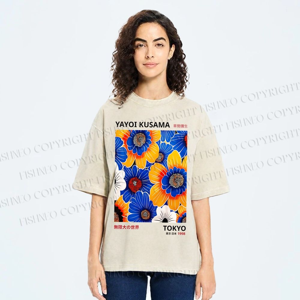 Unisex Yayoi Kusama Flowers Printed Washed Tee