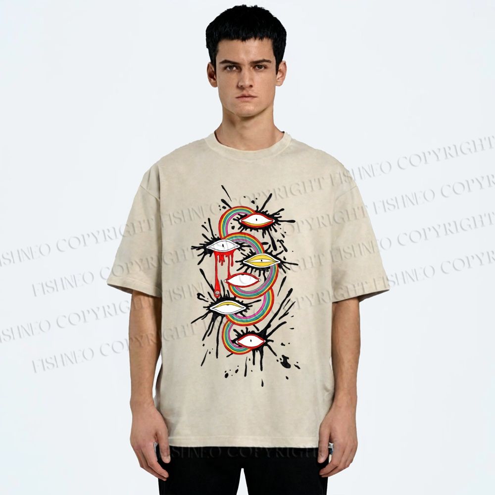 Unisex Eye Rainbow Graffiti Printed Washed Tee