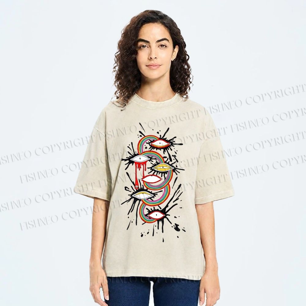 Unisex Eye Rainbow Graffiti Printed Washed Tee