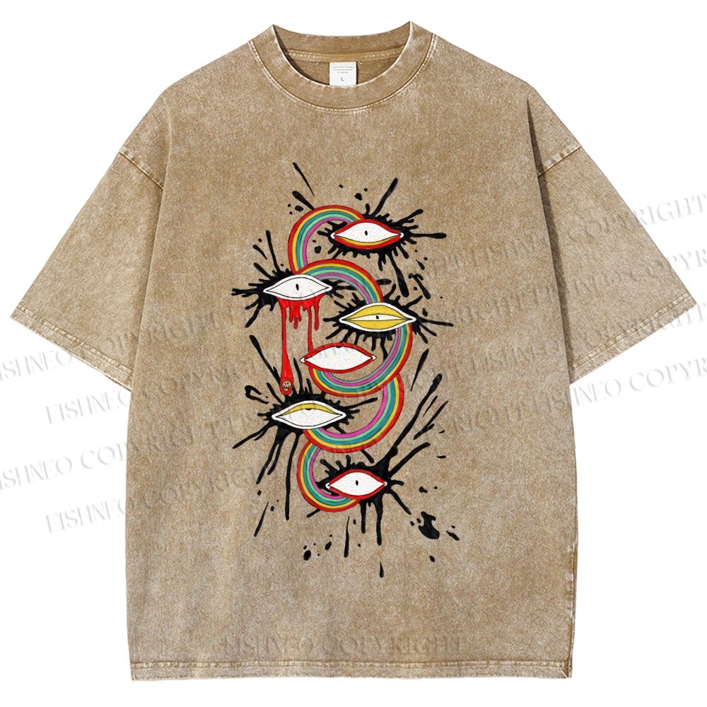 Unisex Eye Rainbow Graffiti Printed Washed Tee