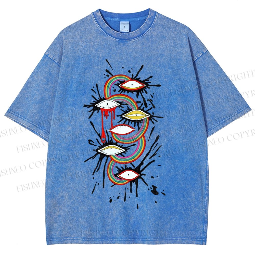 Unisex Eye Rainbow Graffiti Printed Washed Tee