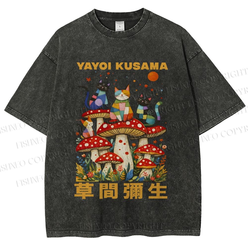 Unisex Yayoi Kusama Cats on Mushrooms Printed Washed Tee