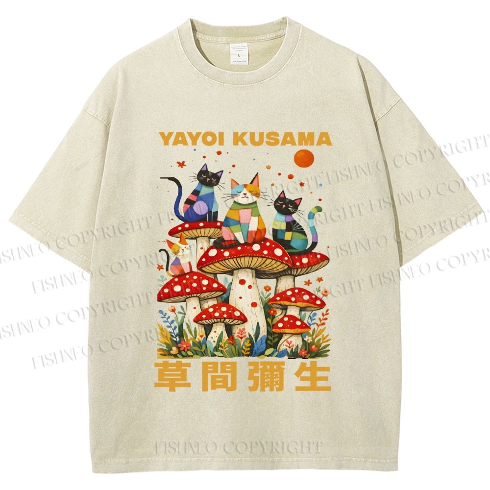 Unisex Yayoi Kusama Cats on Mushrooms Printed Washed Tee