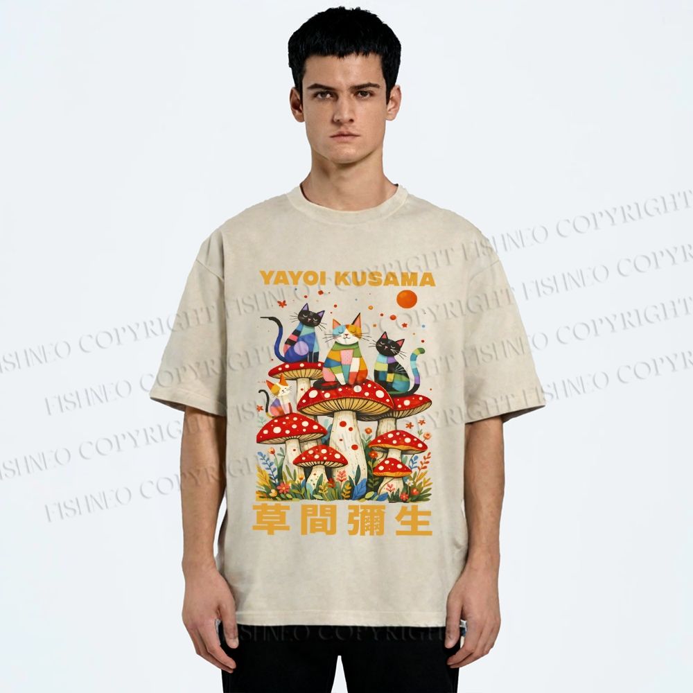 Unisex Yayoi Kusama Cats on Mushrooms Printed Washed Tee