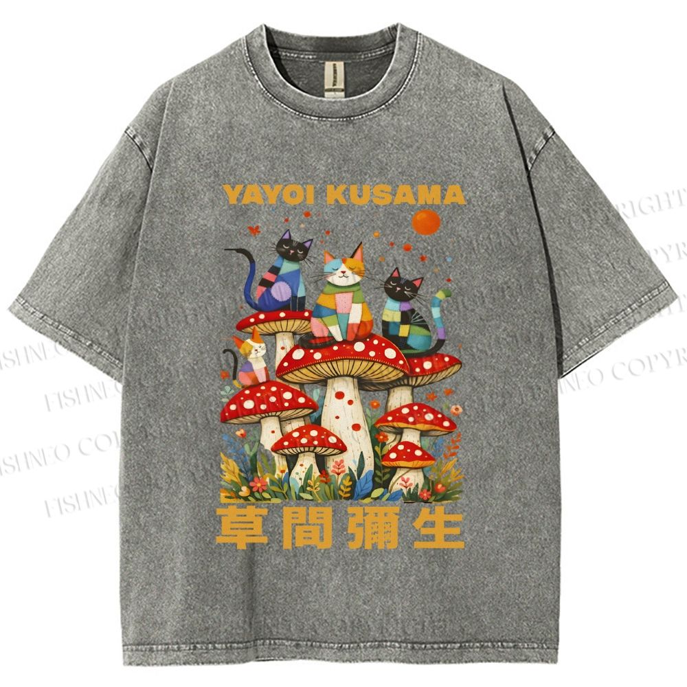 Unisex Yayoi Kusama Cats on Mushrooms Printed Washed Tee