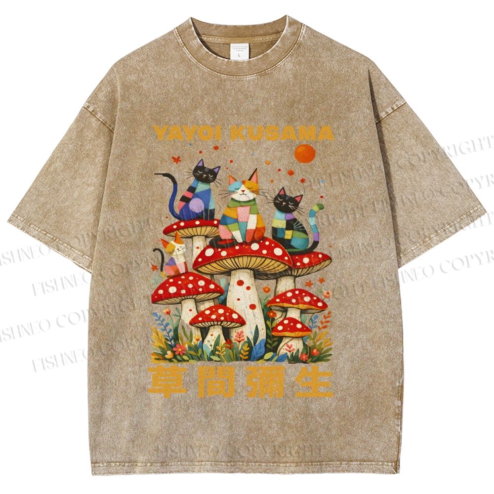 Unisex Yayoi Kusama Cats on Mushrooms Printed Washed Tee